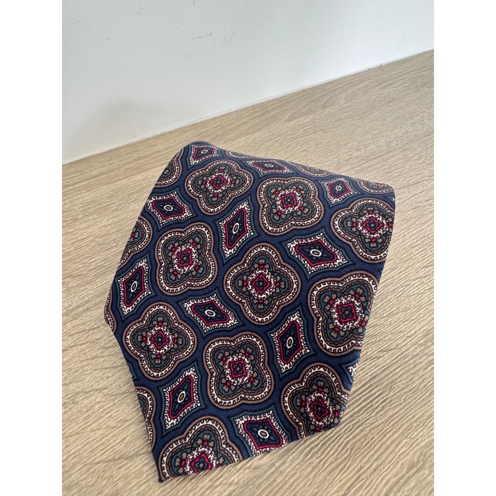 Yves Saint Laurent Vintage Silk Tie Navy Blue Geometric Medallion